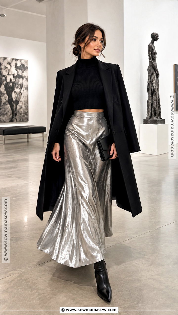 Metallic Maxi Skirt And Cropped Sweater Fall Birthday Outfit - 15 fall birthday fits baddie