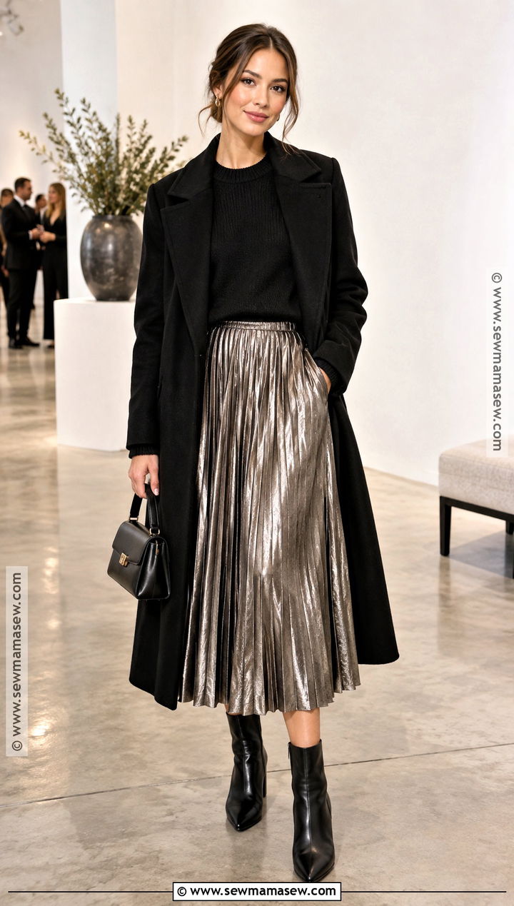 Metallic Midi Skirt And Black Knit Fall Outfit - 15 Fall Style 2026 Ideas for Women