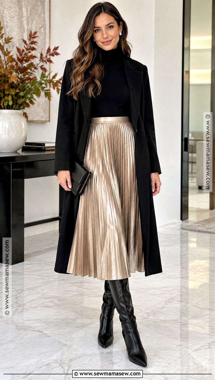 Metallic Midi Skirt And Black Turtleneck Fall Birthday Outfit - 20 Birthday Outfits Fall