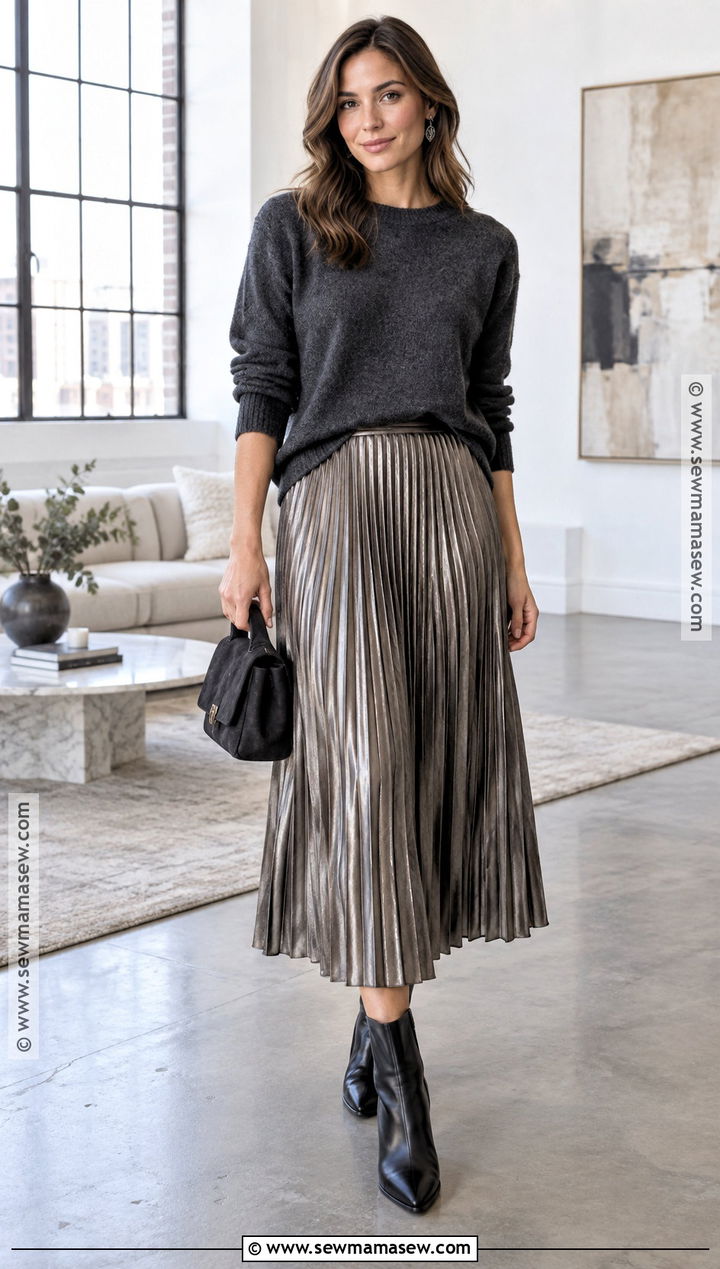 Metallic Midi Skirt And Sweater Fall Party Outfit - 15 Fall Party Outfit Inspiration Ideas