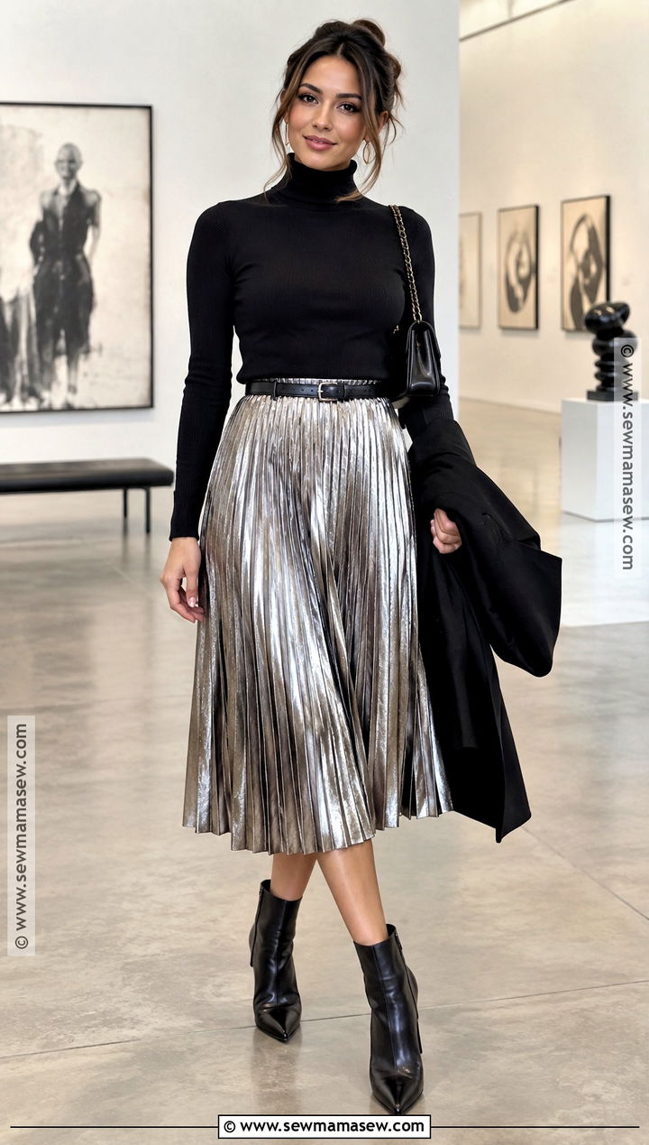 Metallic Midi Skirt And Turtleneck Birthday Outfit - 25 october birthday outfit ideas for women