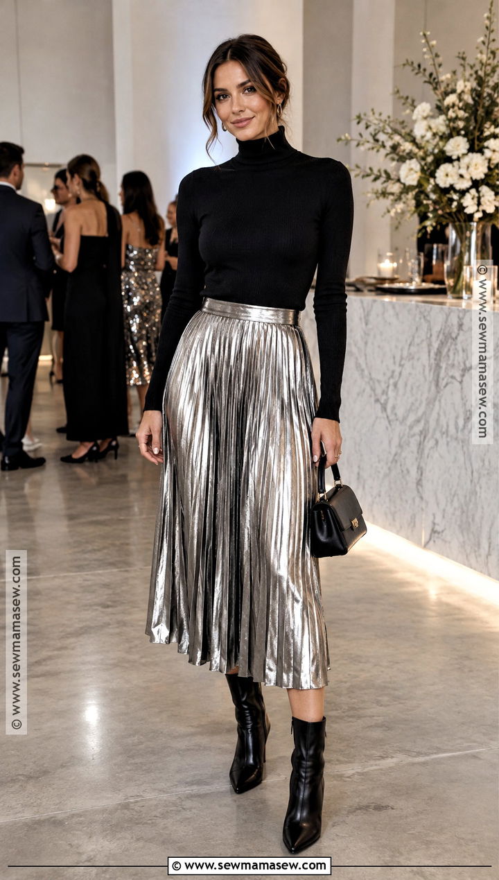Metallic Midi Skirt And Turtleneck Fall Party Outfit - 25 fall party outfit ideas