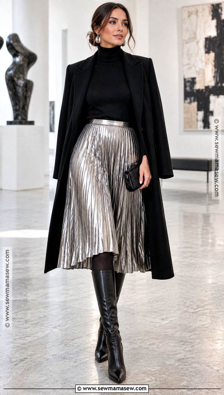 Metallic Midi Skirt and Turtleneck Outfit - 15 Fashion Week Fall Winter Ideas 2026
