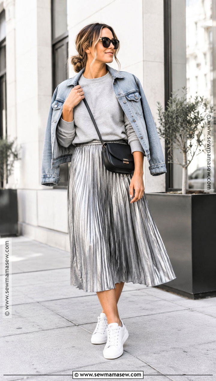 Metallic Pleated Skirt With Sweatshirt And Sneakers - 20 pleated skirt fall outfit ideas