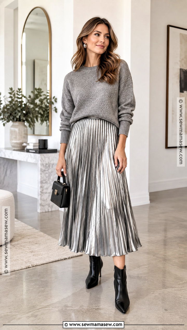 Metallic Skirt And Knit Sweater Outfit - 15 Fall 2026 Trends Fashion