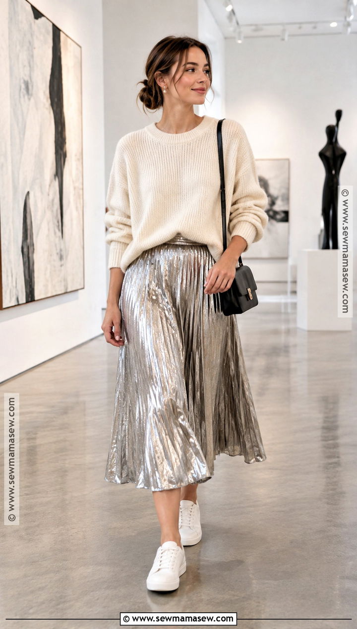 Metallic Skirt And Neutral Sweater Fall Outfit - 15 Cute Fall Fits 2026