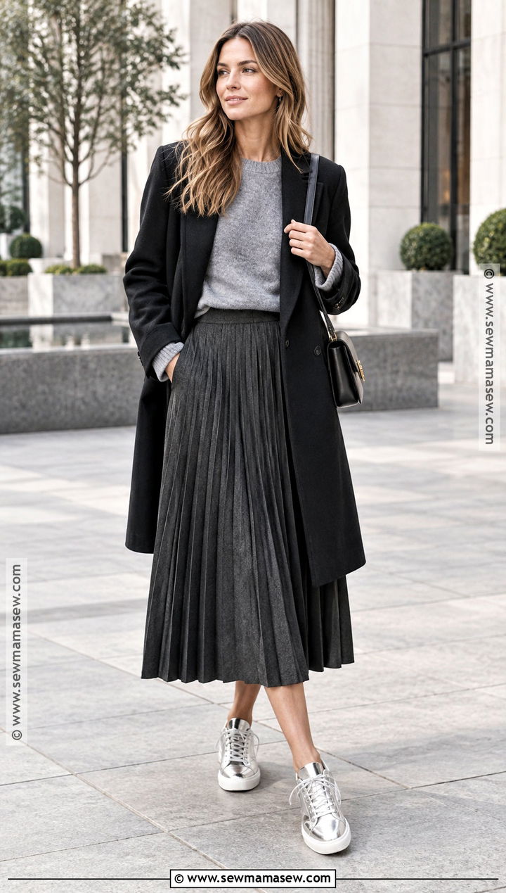 Metallic Sneakers With A Midi Skirt And Sweater - 15 fall 2026 sneaker trends