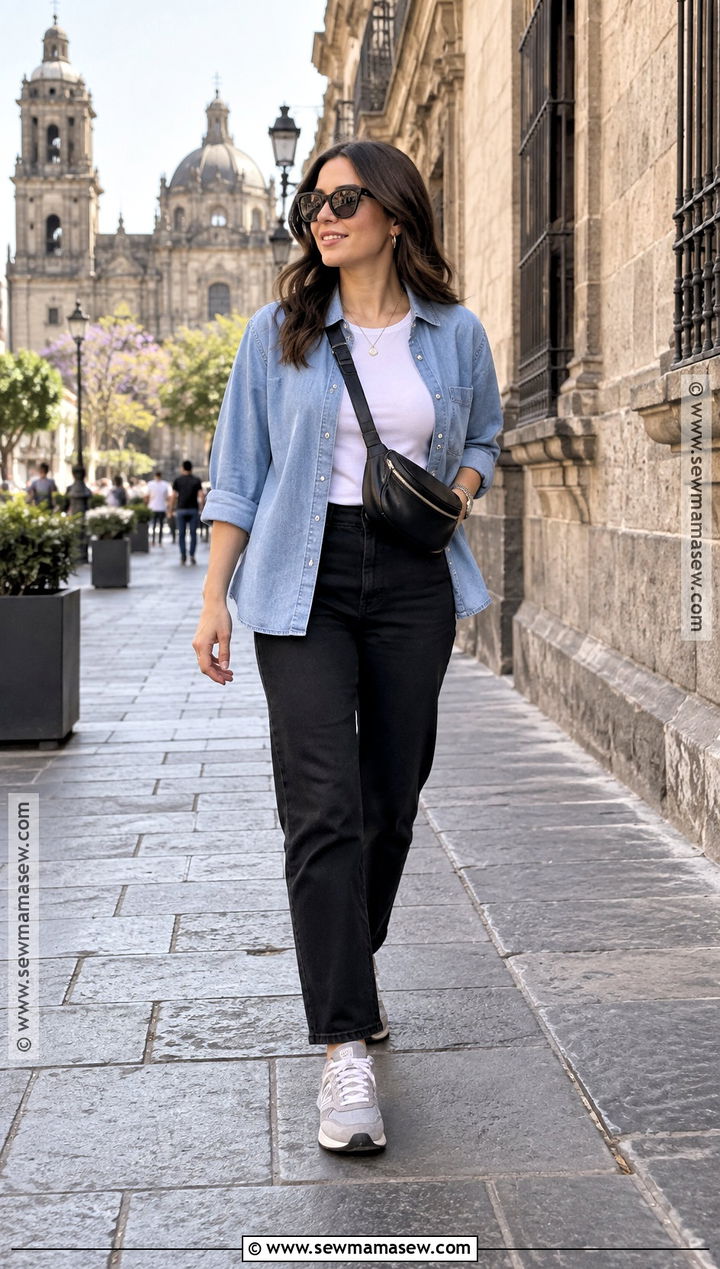 Mexico City October Denim Shirt And Black Pants Outfit - 15 Mexico City Outfit October Ideas