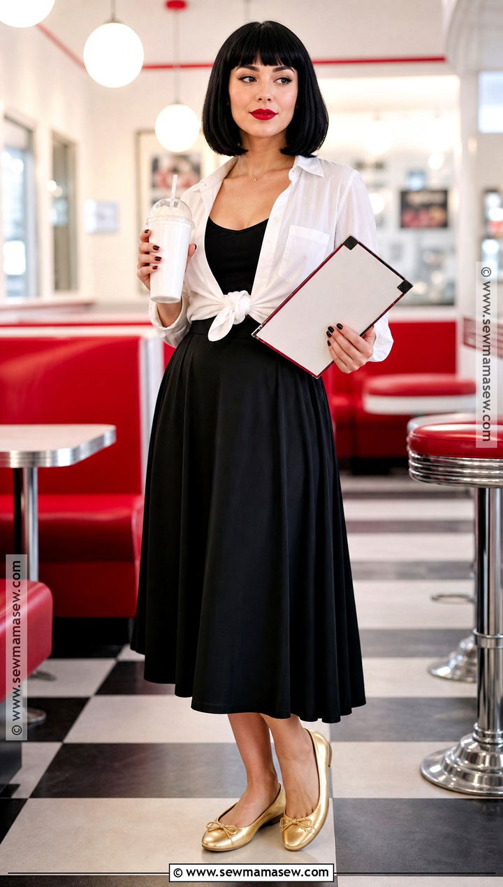 Mia Wallace Costume With Black Midi Skirt - 30 Mia Pulp Fiction Costume Ideas