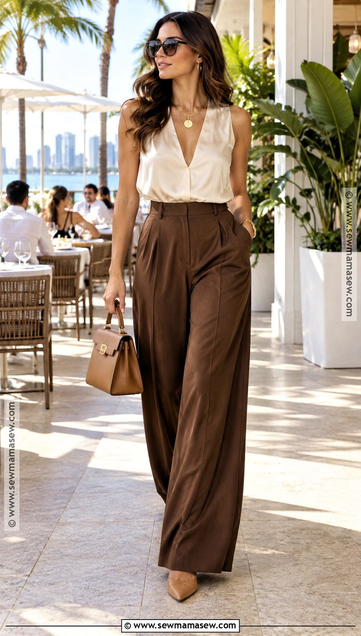 Miami Thanksgiving Palazzo Pants and Silk Blouse Outfit - 15 Thanksgiving Outfit Miami Ideas