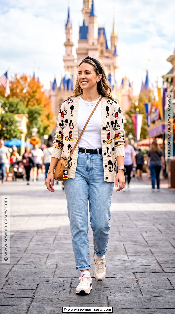 Mickey Cardigan With Mom Jeans - 15 disney mom outfit fall ideas