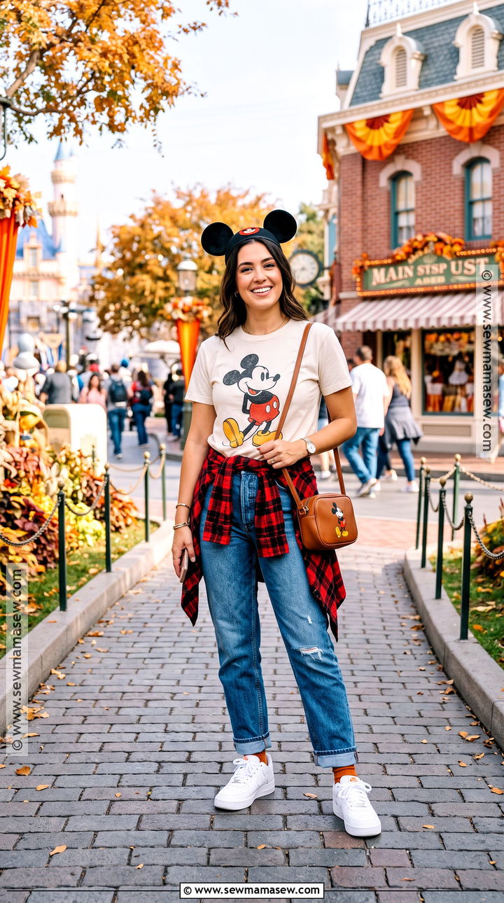 Mickey Mouse T Shirt And Straight Leg Jeans Outfit - 20 Disney Outfits Women Fall