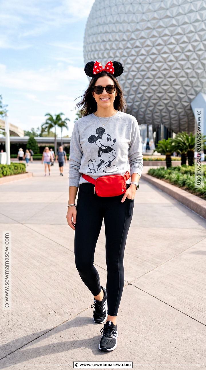 Mickey Sweatshirt And Black Leggings Outfit - 15 Epcot Outfit Ideas Fall