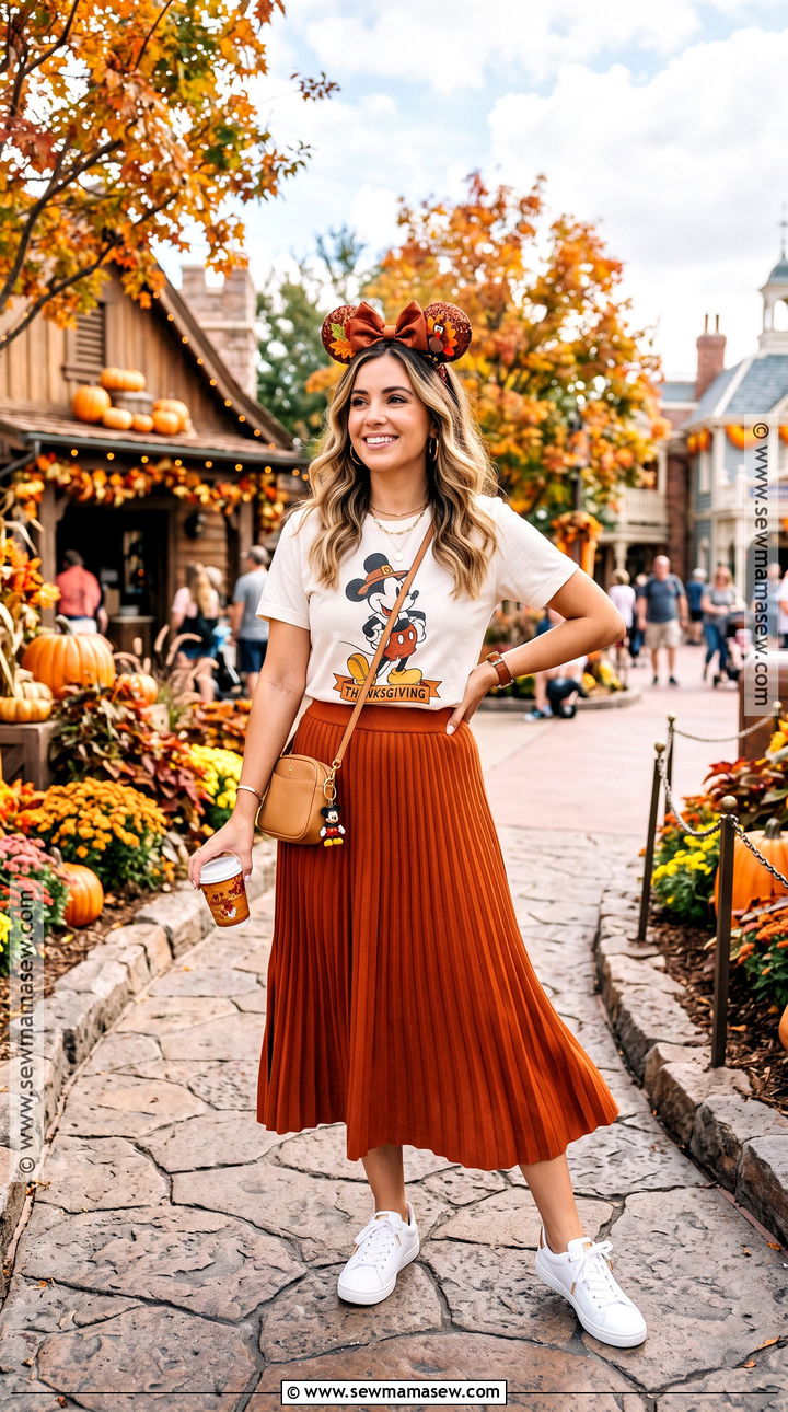 Mickey Thanksgiving T Shirt And Rust Midi Skirt - 15 thanksgiving disney outfits