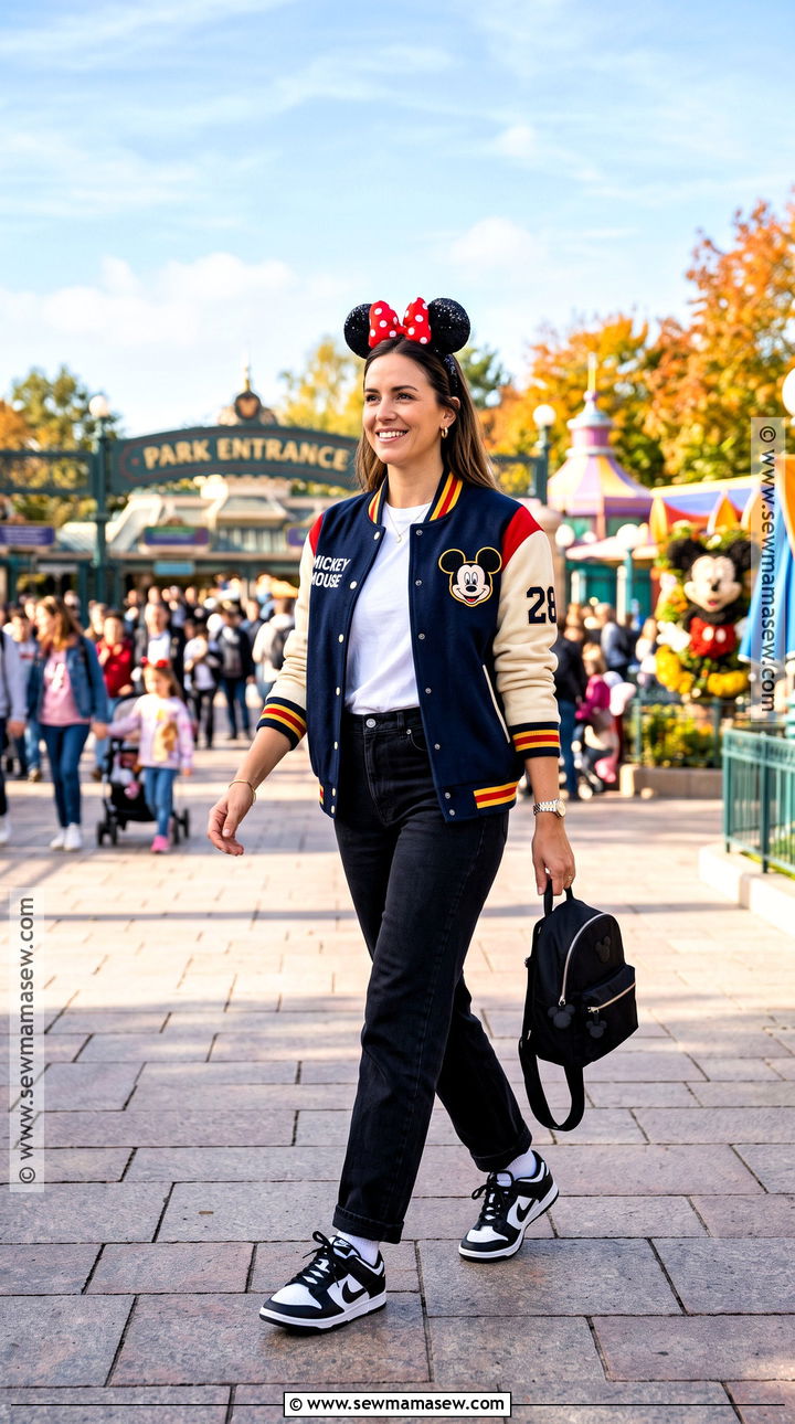 Mickey Varsity Jacket With Black Jeans - 15 disney mom outfit fall ideas