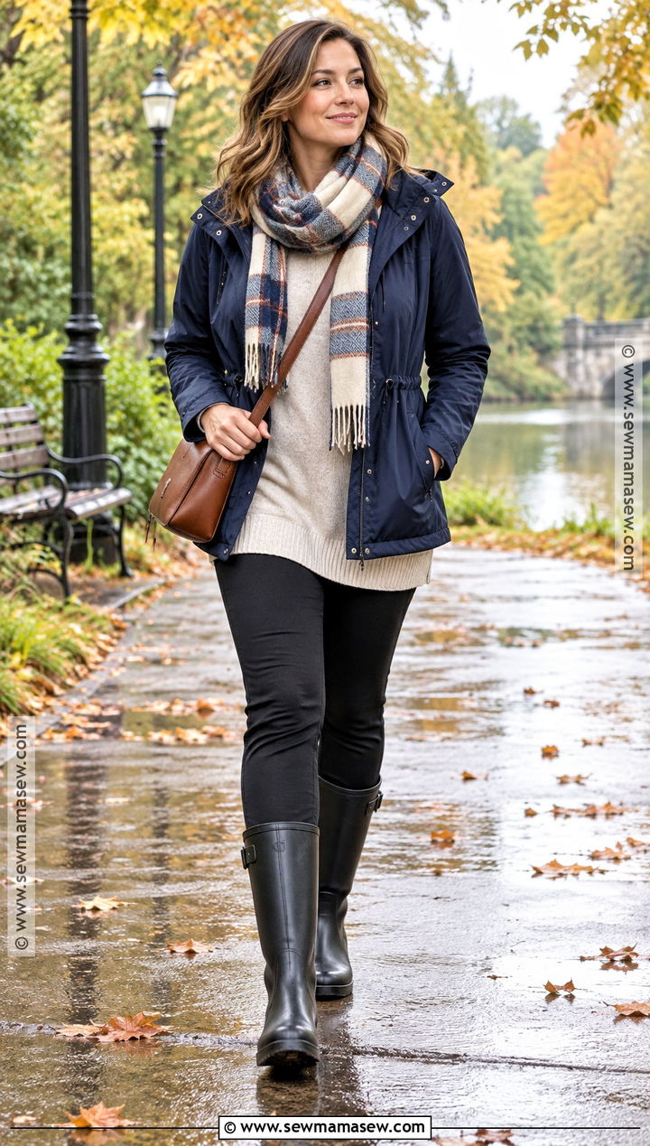 Mid Calf Rain Boots Outfit With Tunic Sweater And Pants - 25 rain boots outfit fall