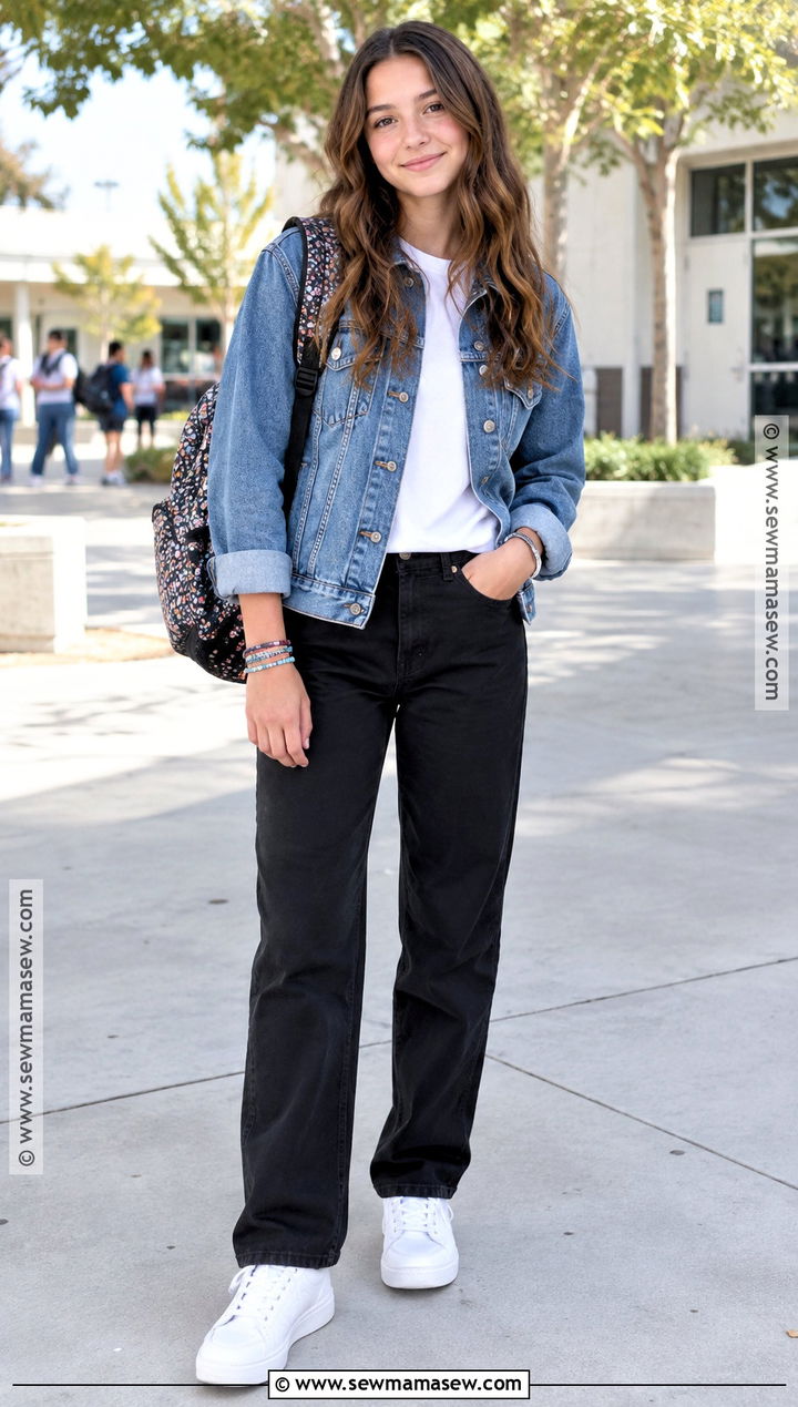 Middle School Denim Jacket And Black Pants Outfit - 25 back to school outfits middle school