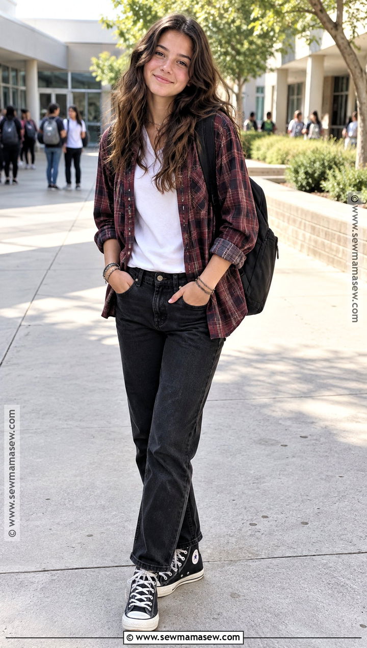 Middle School Flannel Shirt And Black Jeans Outfit - 15 cute back to school outfits middle school