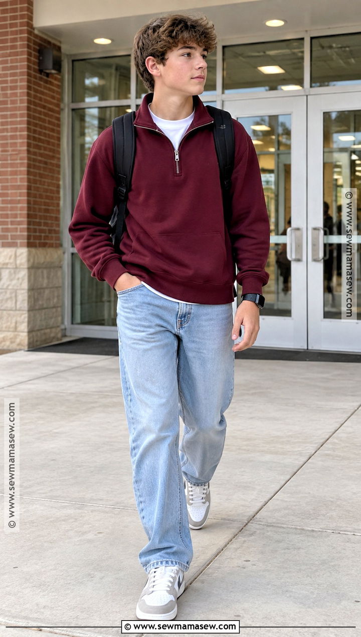 Middle School Quarter Zip And Relaxed Jeans Outfit - 25 back to school outfits middle school