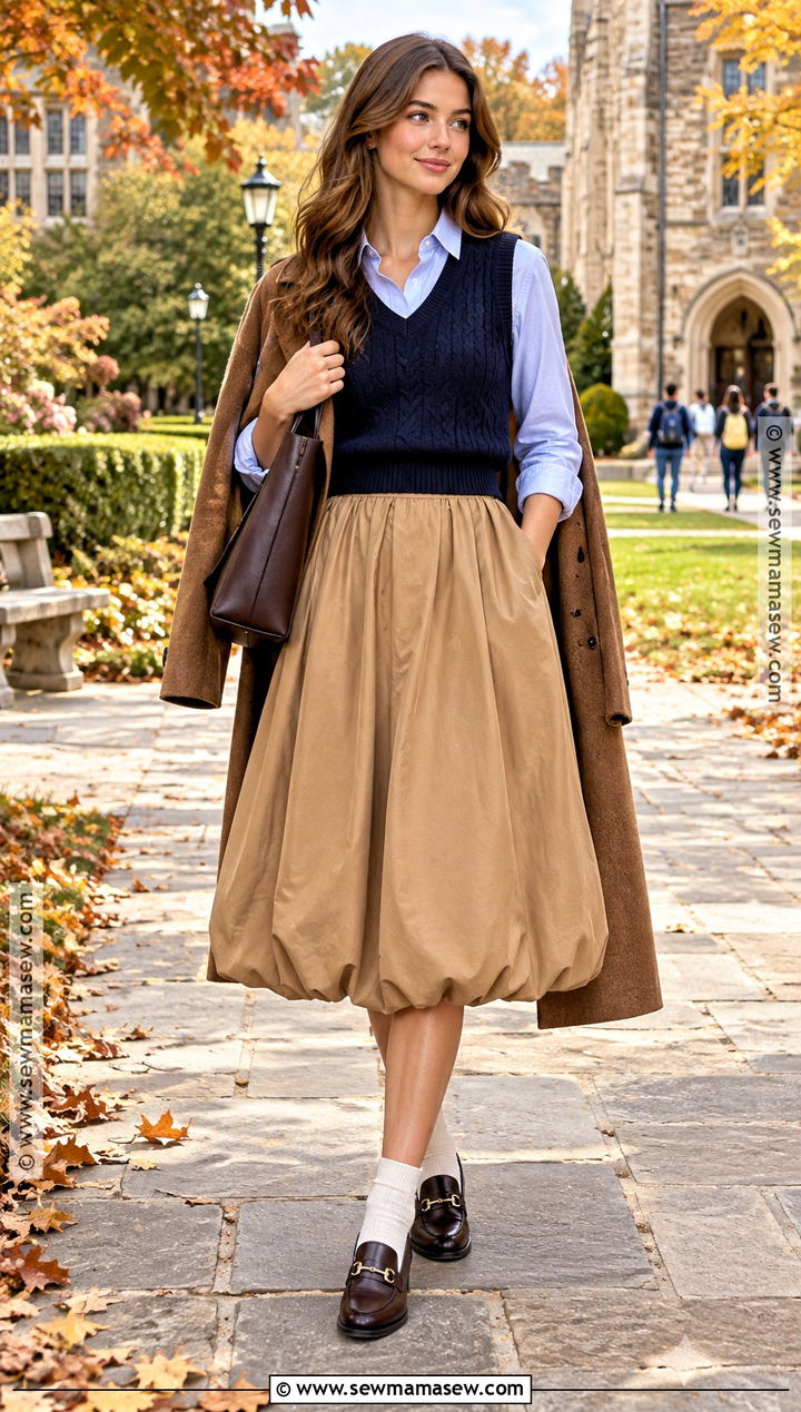 Midi Bubble Skirt With Shirt Vest And Loafers - 15 fall bubble skirt outfit ideas