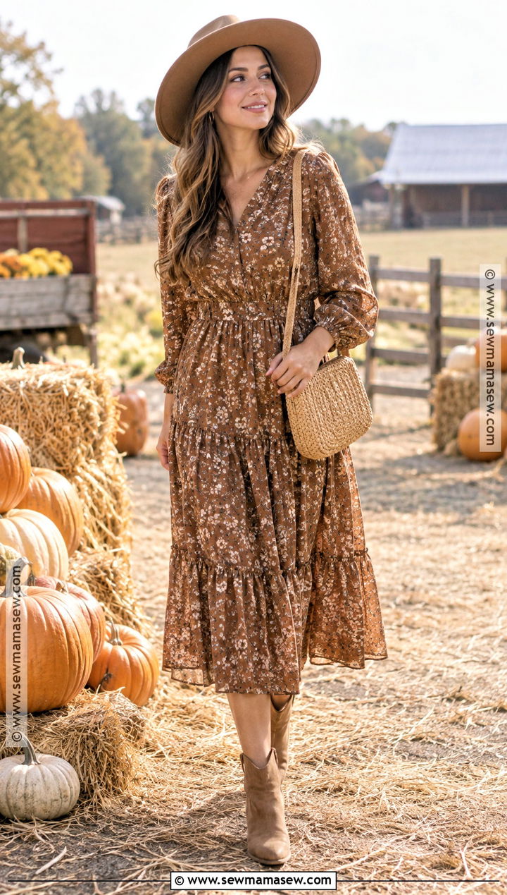 Midi Dress And Ankle Boots Pumpkin Patch Outfit - 15 Warm Day Pumpkin Patch Outfit Ideas