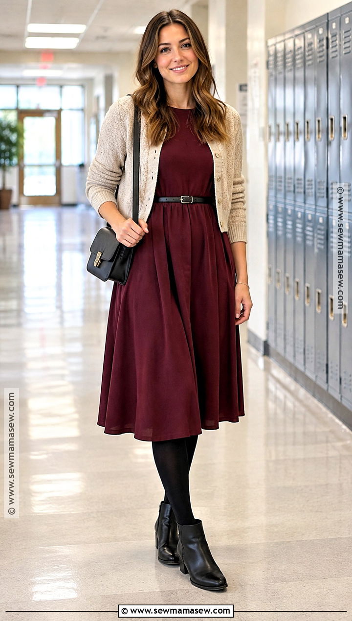 Midi Dress And Ankle Boots Teacher Outfit - 15 fall winter teacher outfits