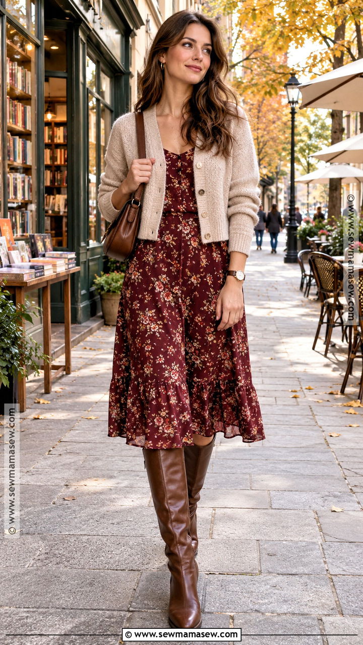 Midi Dress And Boots Coffee Outfit - 20 Autumn Coffee Outfit Ideas