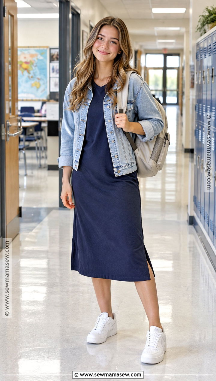 Midi Dress And Denim Jacket Back To School Outfit - 25 outfits back to school