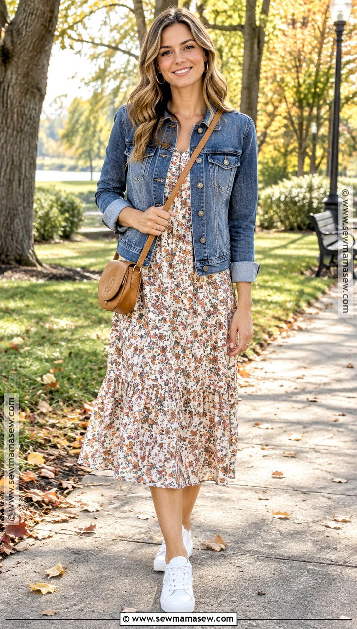 Midi Dress And Denim Jacket Fall Outfit - 25 easy fall outfits casual