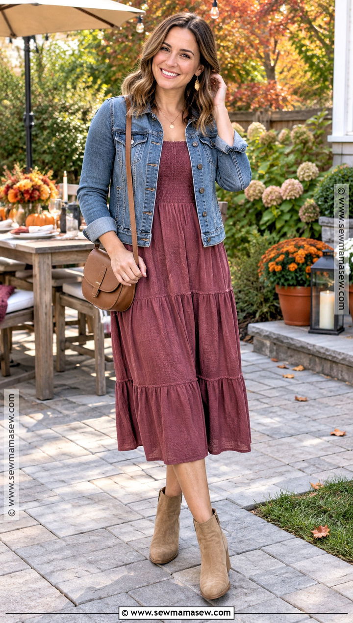 Midi Dress And Denim Jacket Fall Shower Guest Outfit - 20 fall shower outfit for guest ideas