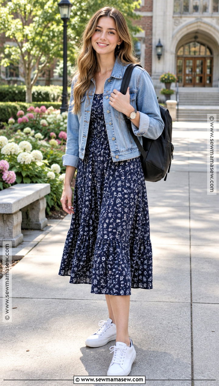 Midi Dress And Denim Jacket Outfit - 15 back-to-school fashion ideas