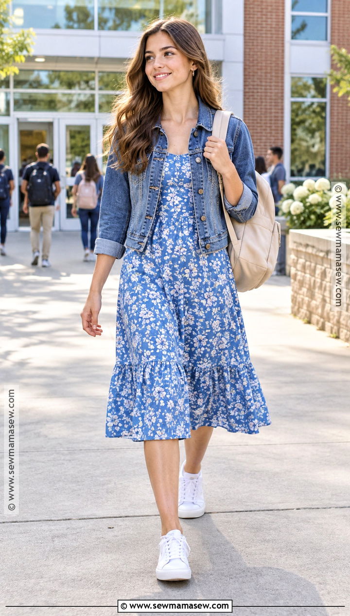 Midi Dress And Denim Jacket School Outfit - 15 back to school outfits dress code approved
