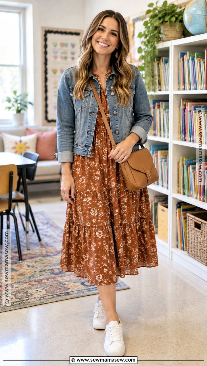 Midi Dress And Denim Jacket Teacher Outfit - 20 teacher outfits elementary fall