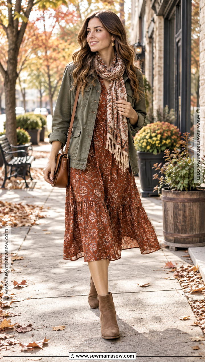 Midi Dress And Utility Jacket Fall Date Night Outfit - 25 date night fall outfits