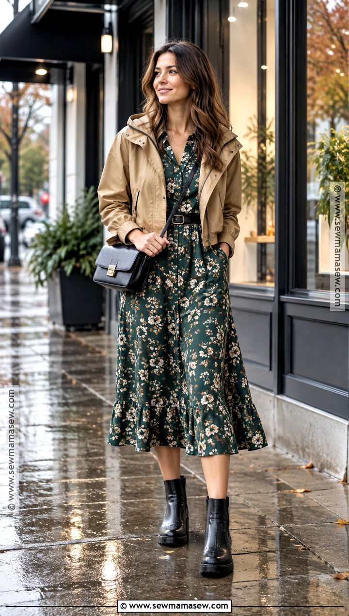 Midi Dress And Waterproof Chelsea Boots Outfit - 25 rainy fall outfit ideas