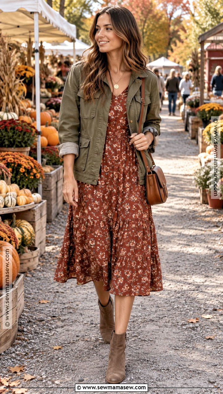 Midi Dress Date Outfit With Utility Jacket - 25 date outfit fall ideas