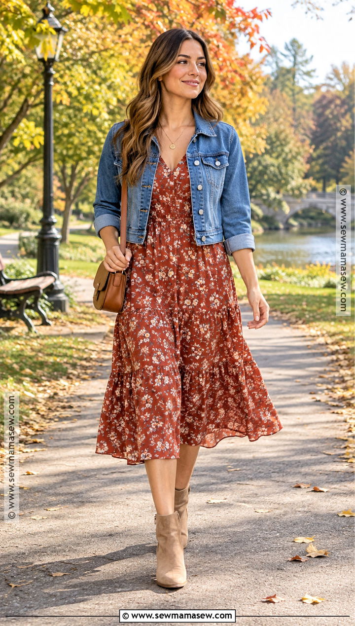 Midi Dress Denim Jacket and Ankle Boots for 70 Degree Fall Weather - 15 Fall 70 Degree Weather Outfit Ideas