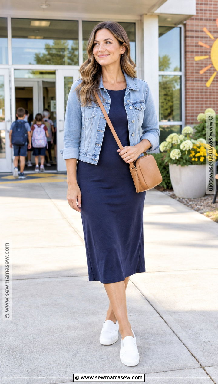 Midi Dress With Denim Jacket And Slip On Sneakers - 15 mom back to school outfit ideas