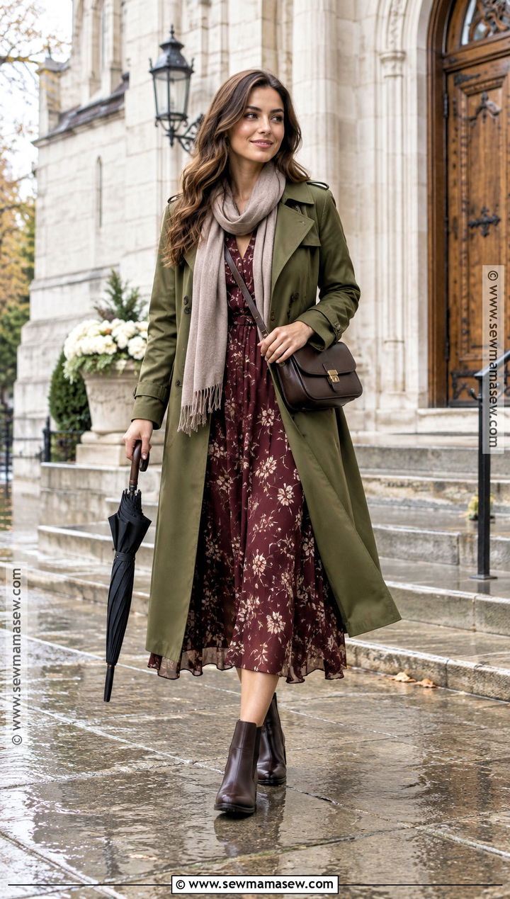 Midi Dress and Trench Coat Church Outfit - 25 fall church outfit ideas