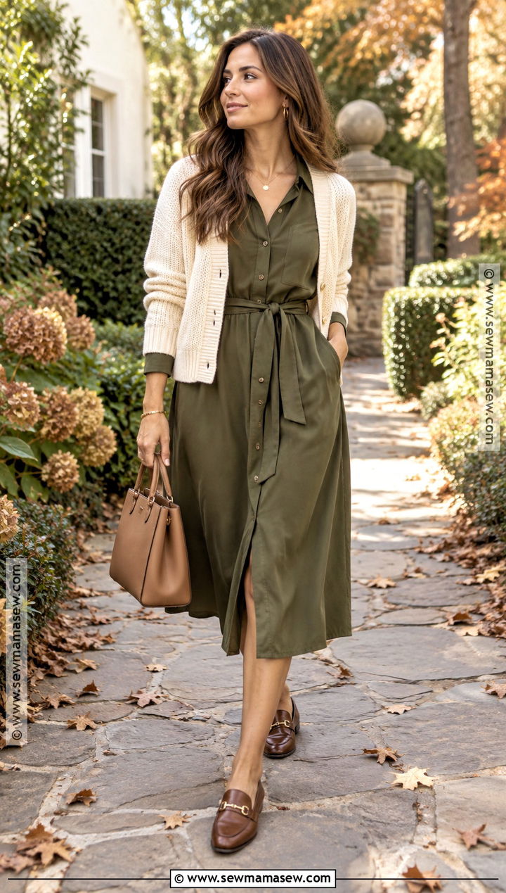 Midi Shirt Dress And Loafers Fall Church Outfit - 20 modest fall outfits church