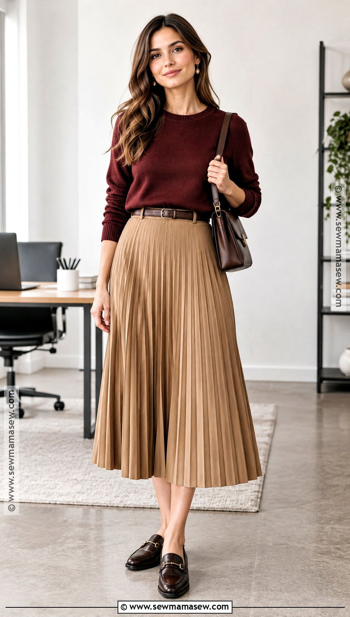 Midi Skirt And Crewneck Sweater Autumn Business Casual Outfit - 25 Autumn Business Casual Outfits