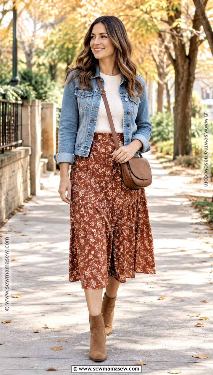 Midi Skirt And Crewneck Sweater Fall Outfit - 20 Easy Fall Outfits for Moms