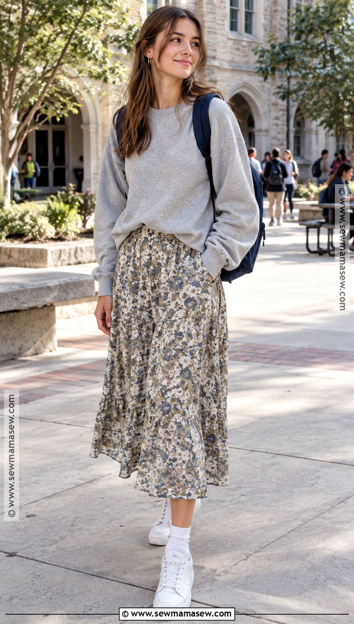 Midi Skirt And Crewneck Sweatshirt Back To School Fit - 15 calm back to school fits