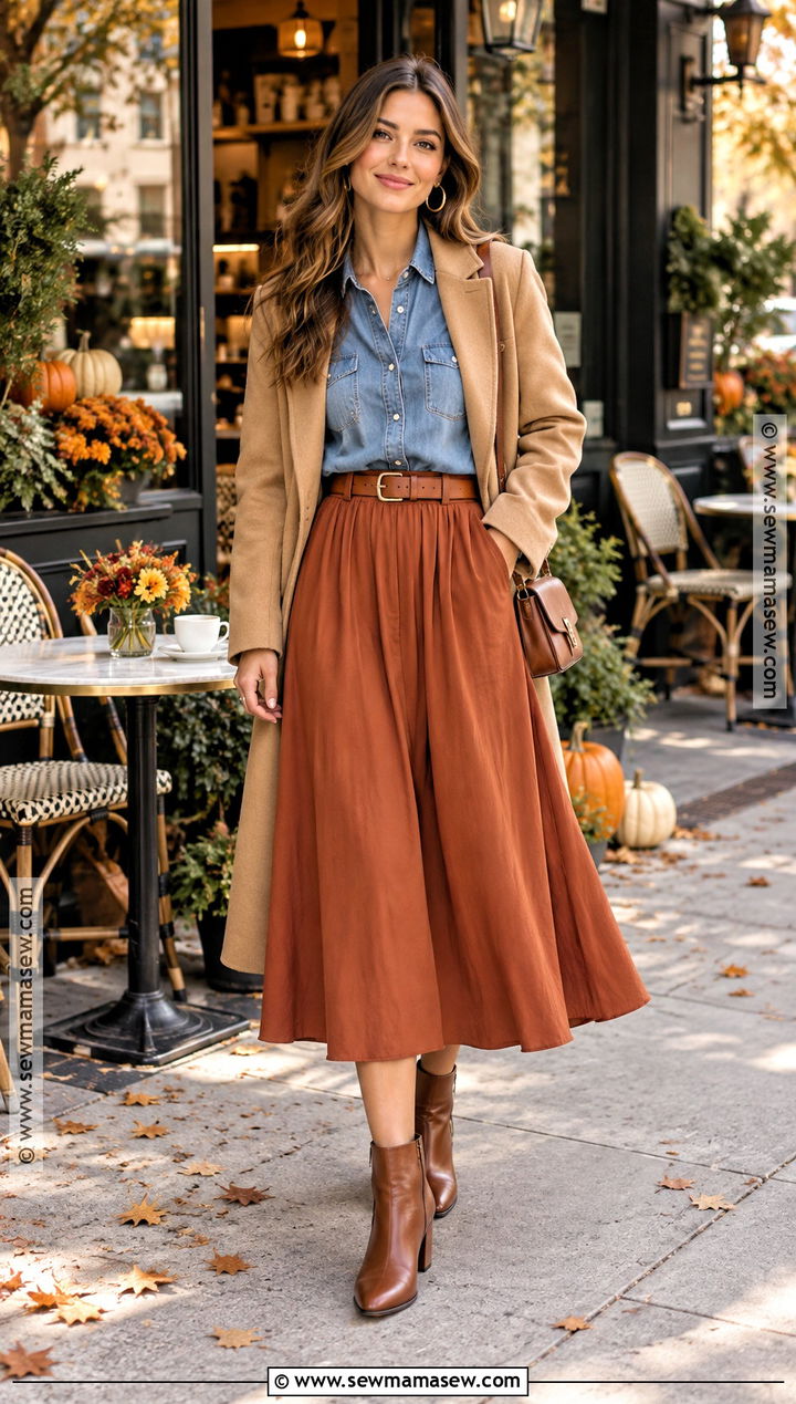 Midi Skirt And Denim Shirt Coffee Date Outfit - 20 coffee date outfit fall ideas