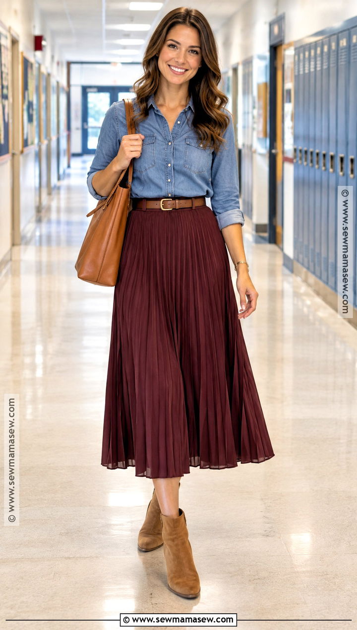 Midi Skirt And Denim Shirt Teacher Outfit - 20 fall outfits women for teachers