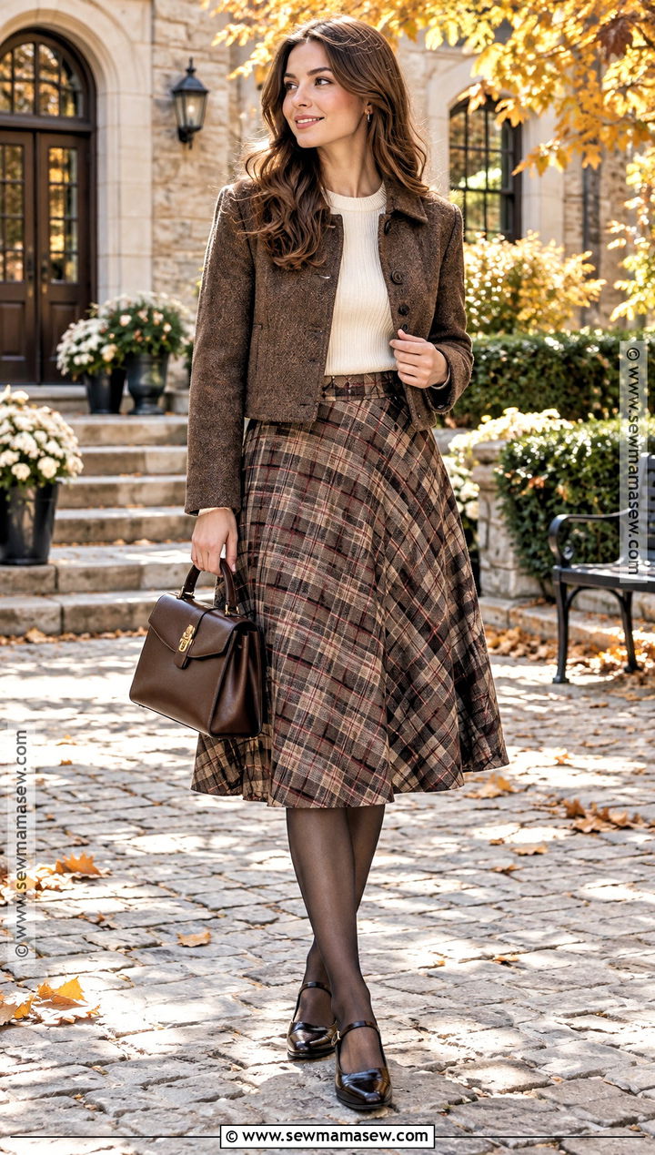 Midi Skirt And Fitted Sweater With Ballet Flats - 20 fall ballet flats outfit ideas
