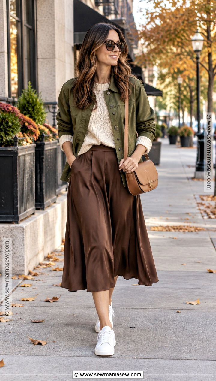 Midi Skirt And Knit Sweater Walking Outfit - 15 Cute Walking Outfits Fall
