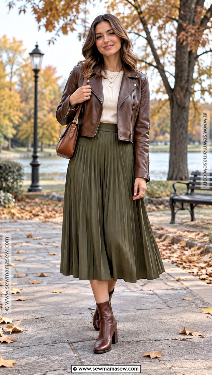 Midi Skirt And Leather Jacket Fall Party Outfit - 15 Outdoor Fall Party Outfit Ideas