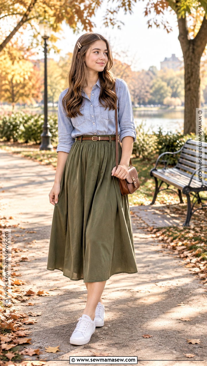 Midi Skirt Fall Outfit With A Denim Shirt - 20 teenage fall outfits