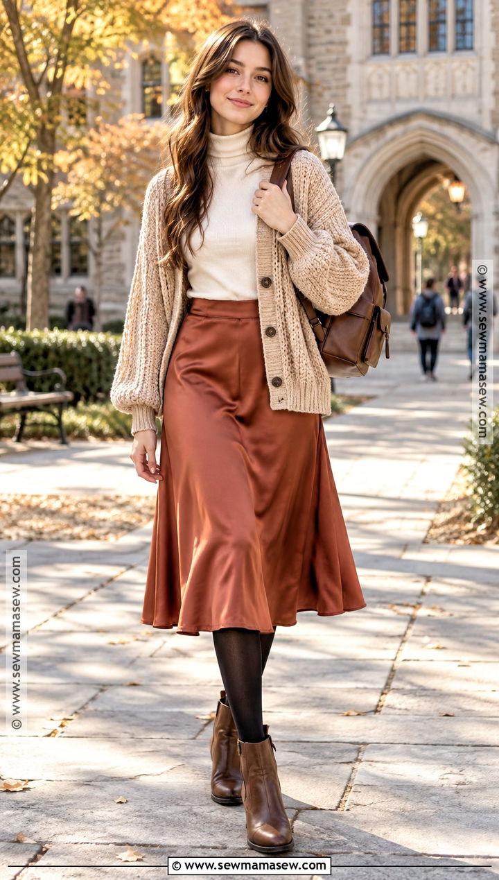 Midi Skirt and Chunky Cardigan Fall School Outfit - 25 outfit ideas autumn school